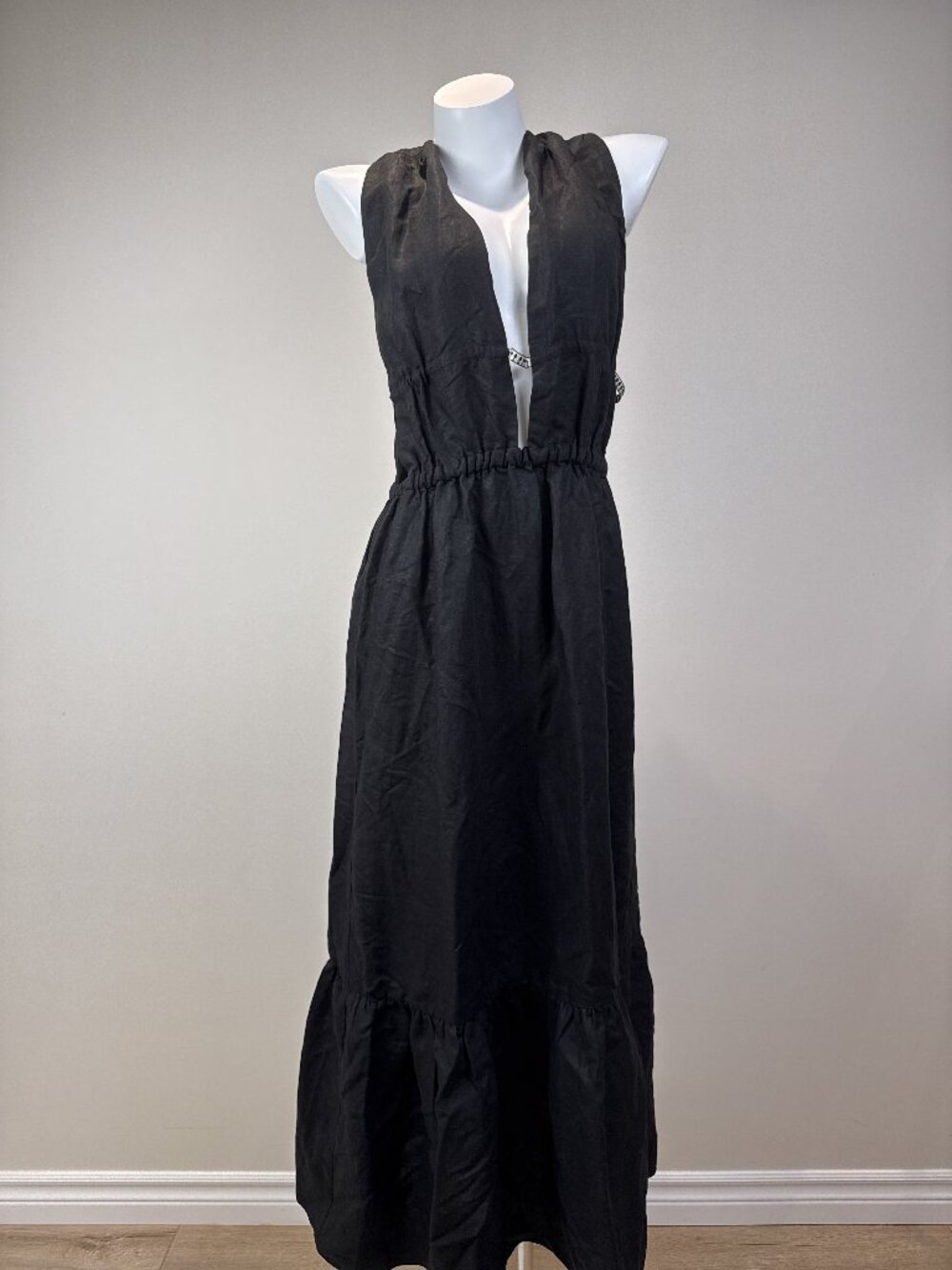 lemlem Womens Black Linen Tencel Plunge Open Back Tiered Maxi Dress Size L